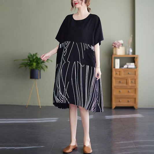 Mode schwarz Midi-Baumwollkleider Plus Size Kleidung Freizeitkleid Patchwork O-Ausschnitt Kurzarm Baumwollkleid