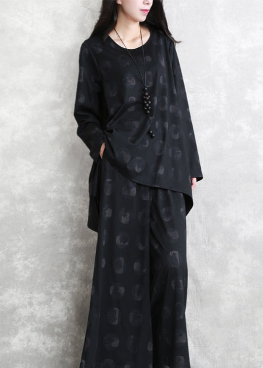 Schwarze Bluse mit Aufdruck in Übergröße, zweiteiliges Set mit asymmetrischem