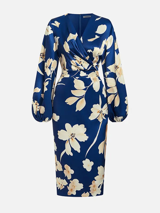 Floral Pleated Puff Sleeve Midi Dress