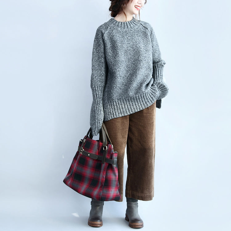 grauer 2024 Casaul Baumwollpullover in Übergröße, Rückseite offen, Langarm-Strickoberteile