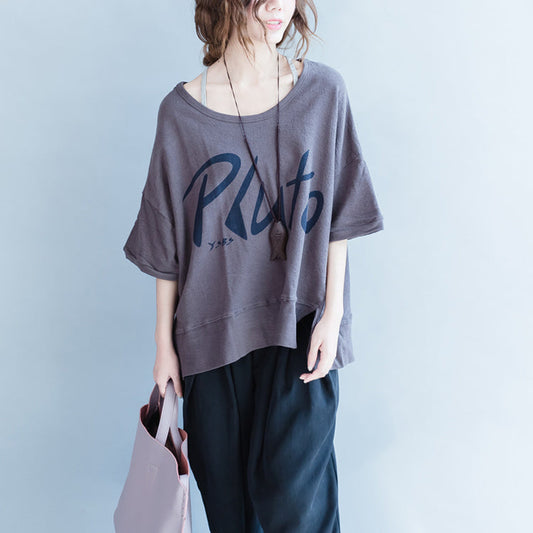 graue Baumwolloberteile mit Alphabet-Aufdruck in Übergröße, kurzärmeliges Wild-T-Shirt