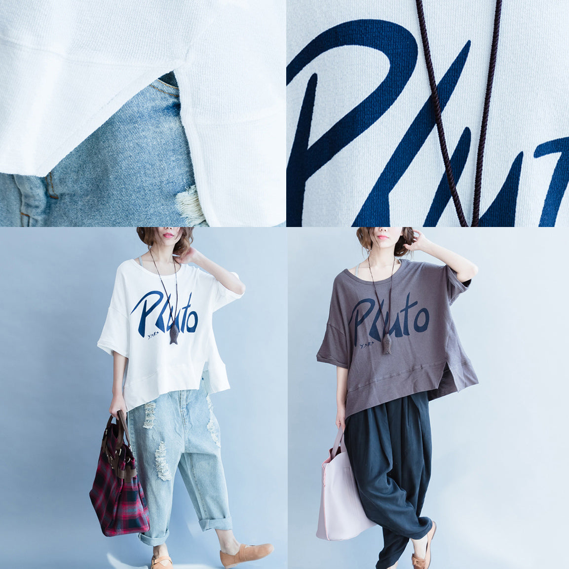 graue Baumwolloberteile mit Alphabet-Aufdruck in Übergröße, kurzärmeliges Wild-T-Shirt