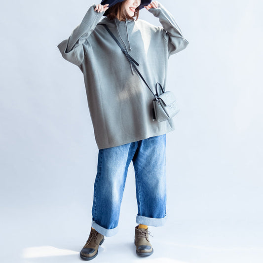 graugrüne lässige Woll-Mischgewebe-Oberbekleidung mit Kapuze und Oversize-Print