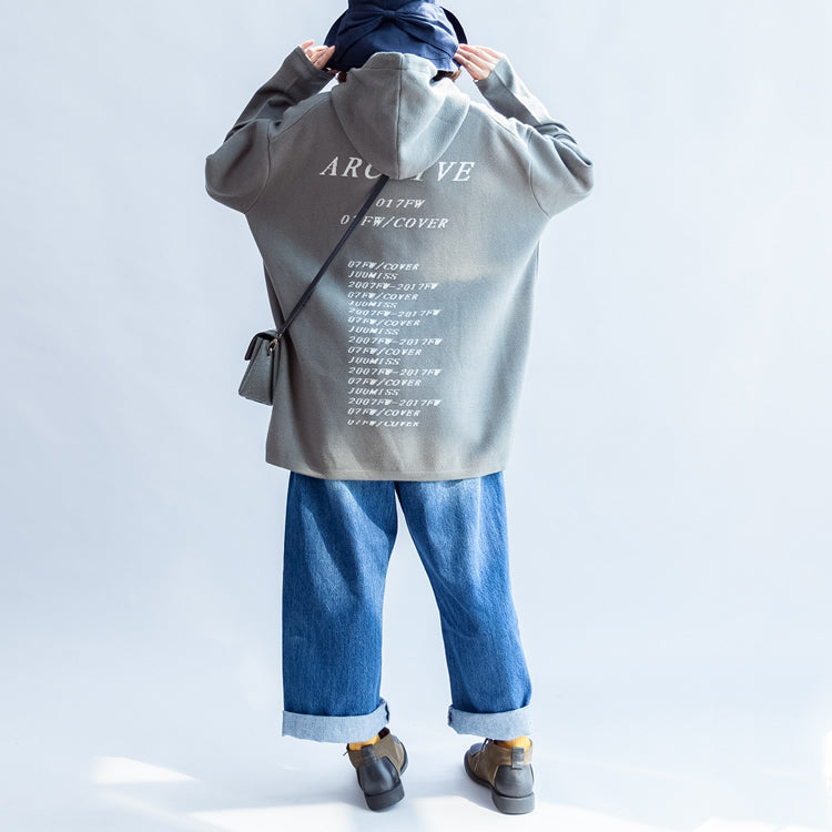 graugrüne lässige Woll-Mischgewebe-Oberbekleidung mit Kapuze und Oversize-Print