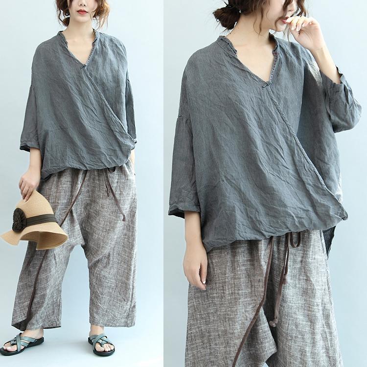 graue Vintage Leinenbluse Oversize Chinese Button O Neck T-Shirt