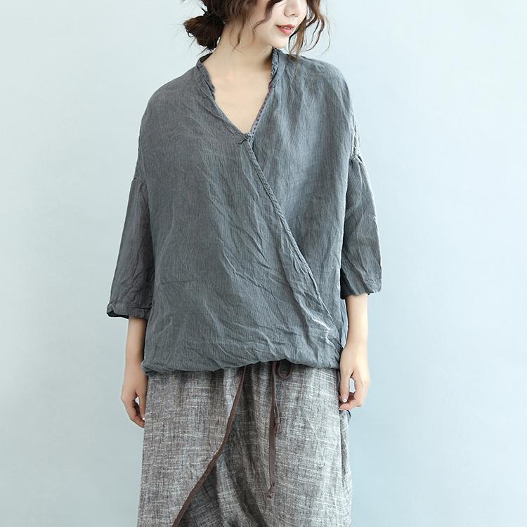 graue Vintage Leinenbluse Oversize Chinese Button O Neck T-Shirt