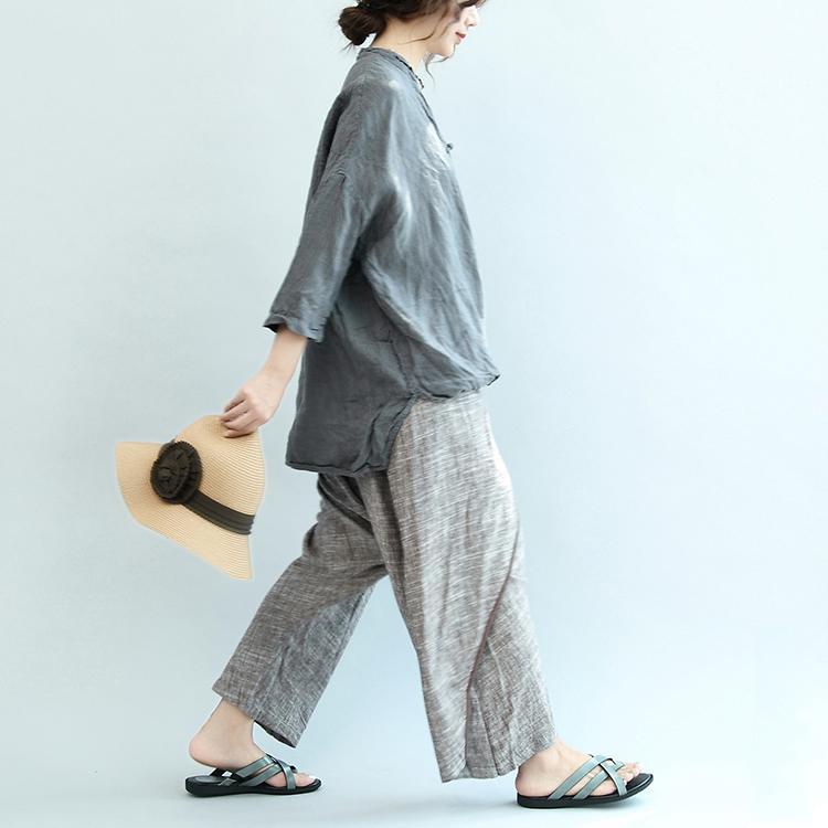 graue Vintage Leinenbluse Oversize Chinese Button O Neck T-Shirt