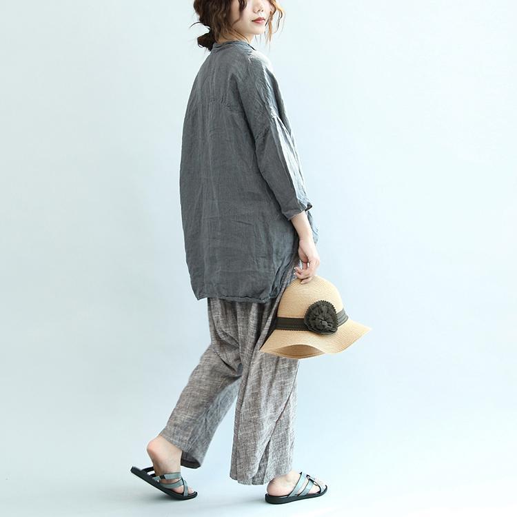 graue Vintage Leinenbluse Oversize Chinese Button O Neck T-Shirt