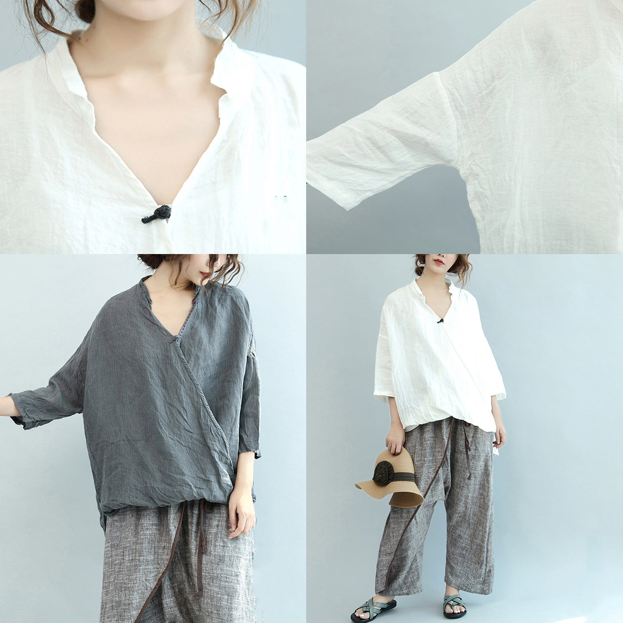 graue Vintage Leinenbluse Oversize Chinese Button O Neck T-Shirt