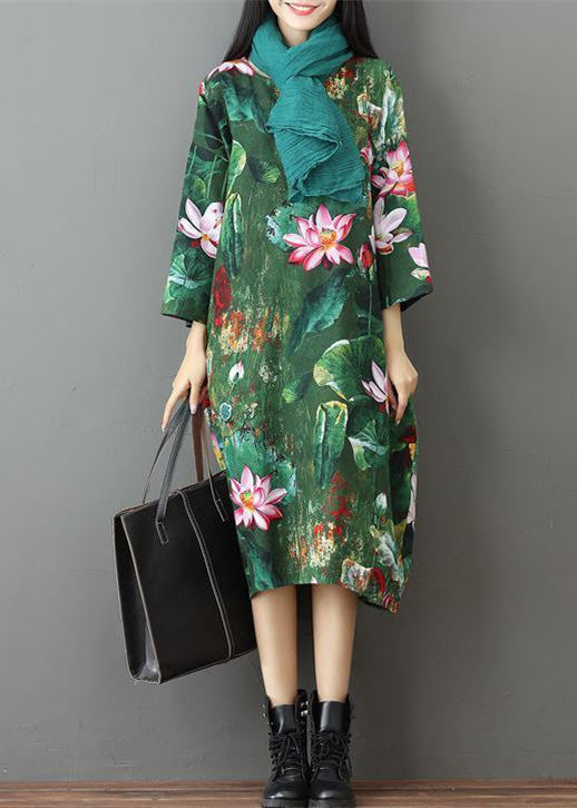 Grünes Print-Leinen-Maxikleid, lässiges Reisekleid, lässiges Kleid mit Armbandärmeln