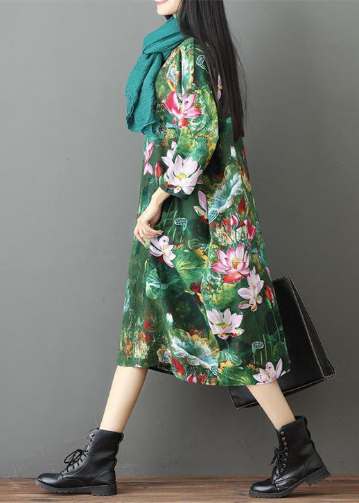 Grünes Print-Leinen-Maxikleid, lässiges Reisekleid, lässiges Kleid mit Armbandärmeln