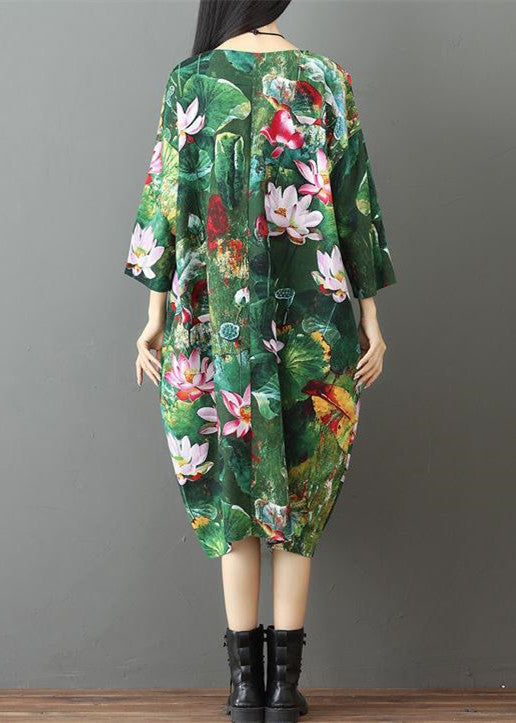 Grünes Print-Leinen-Maxikleid, lässiges Reisekleid, lässiges Kleid mit Armbandärmeln