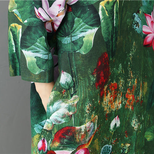 Grünes Print-Leinen-Maxikleid, lässiges Reisekleid, lässiges Kleid mit Armbandärmeln