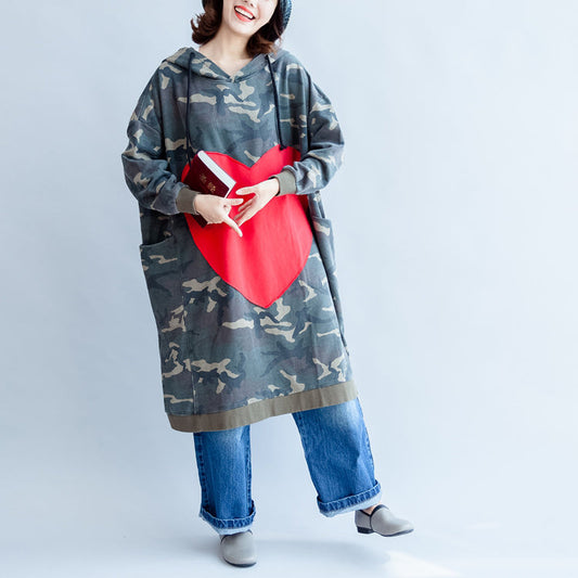 grüne Rüschen Herbst Baumwollkleider Plus Size große liebevolle Herz Kapuzendrucke mittellanges Freizeitkleid