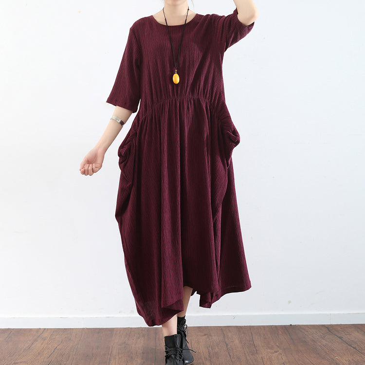 Burgunderfarbenes Baggy-Kleid in Übergröße mit halben Ärmeln, plissierte Seidenkleider, langes Maxikleid aus Seide, Tunikakleid