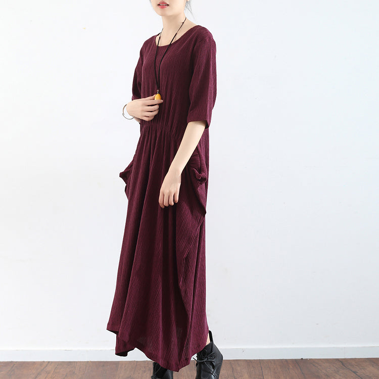 Burgunderfarbenes Baggy-Kleid in Übergröße mit halben Ärmeln, plissierte Seidenkleider, langes Maxikleid aus Seide, Tunikakleid
