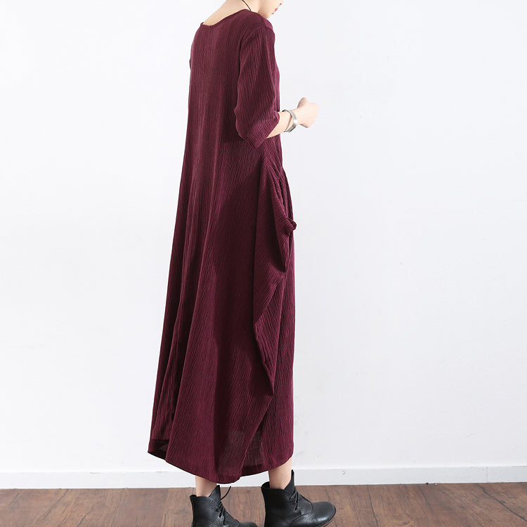 Burgunderfarbenes Baggy-Kleid in Übergröße mit halben Ärmeln, plissierte Seidenkleider, langes Maxikleid aus Seide, Tunikakleid