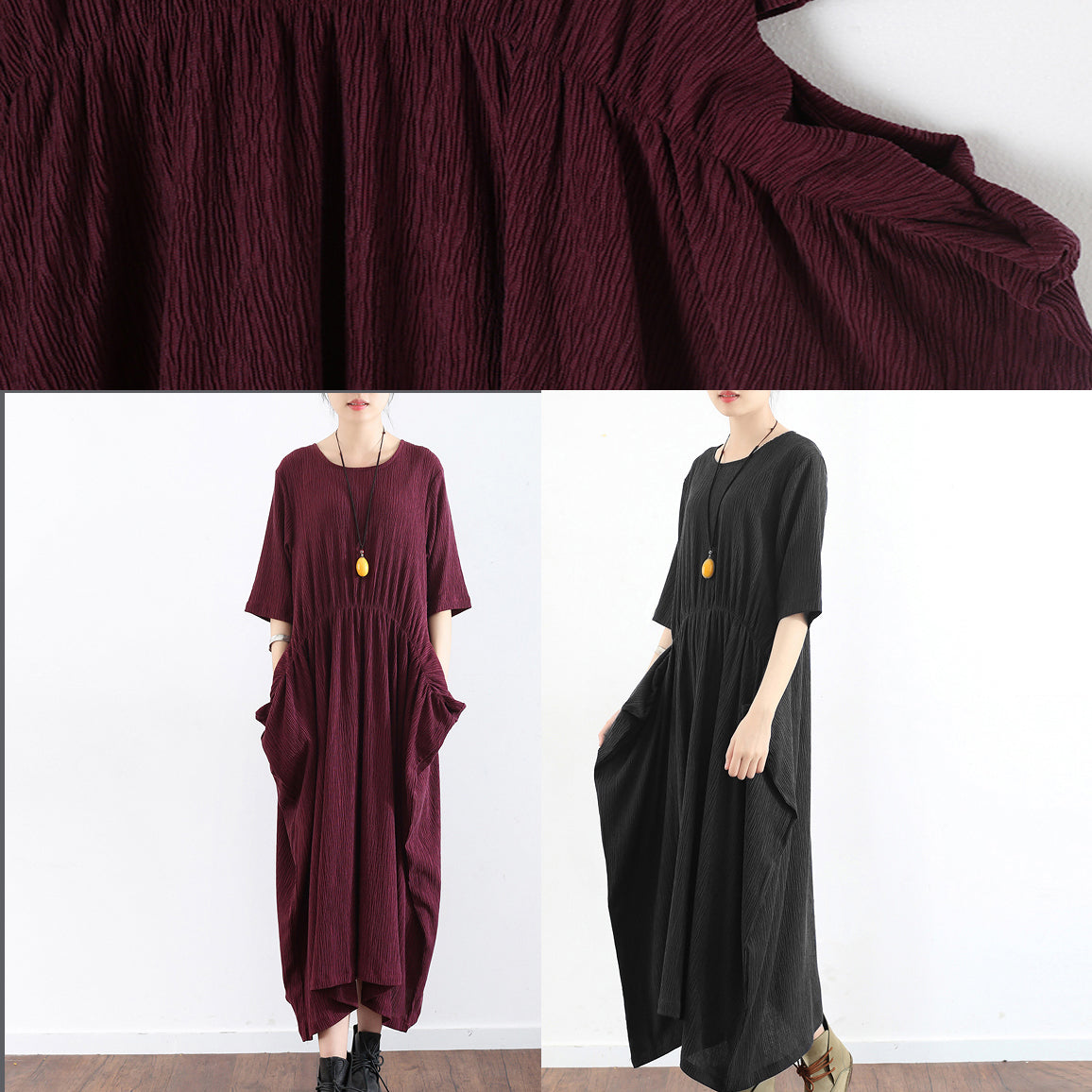 Burgunderfarbenes Baggy-Kleid in Übergröße mit halben Ärmeln, plissierte Seidenkleider, langes Maxikleid aus Seide, Tunikakleid