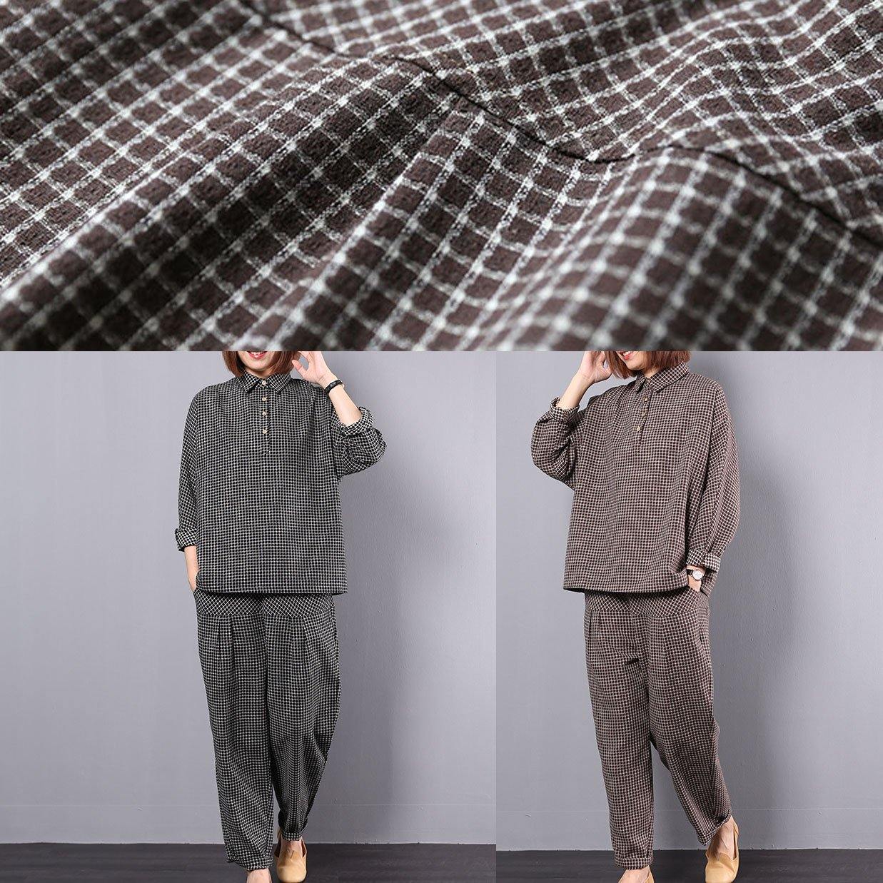 khaki plaid vintage cotton linen two pieces long sleeve shirt with women casual pants - SooLinen