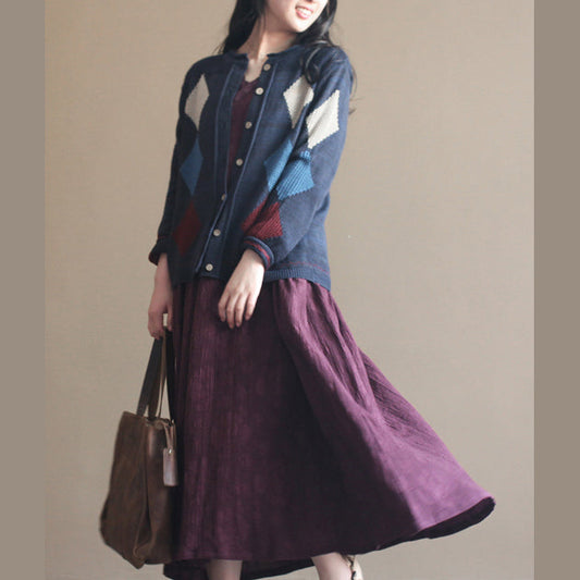 Marineblaue Patchwork-Strickjacken aus Wolle, lässig, locker, langärmelig, Oberbekleidung