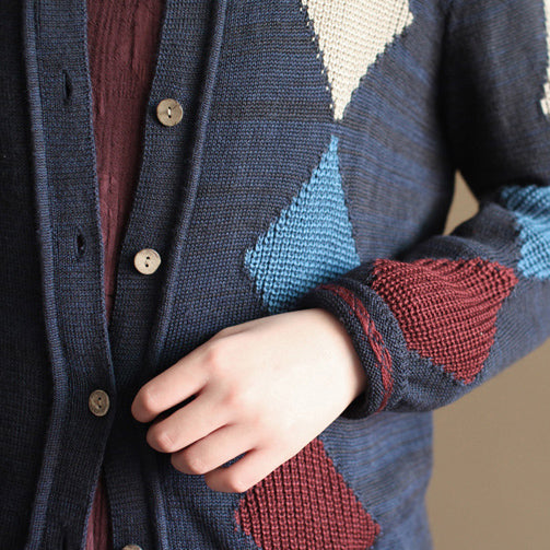 Marineblaue Patchwork-Strickjacken aus Wolle, lässig, locker, langärmelig, Oberbekleidung