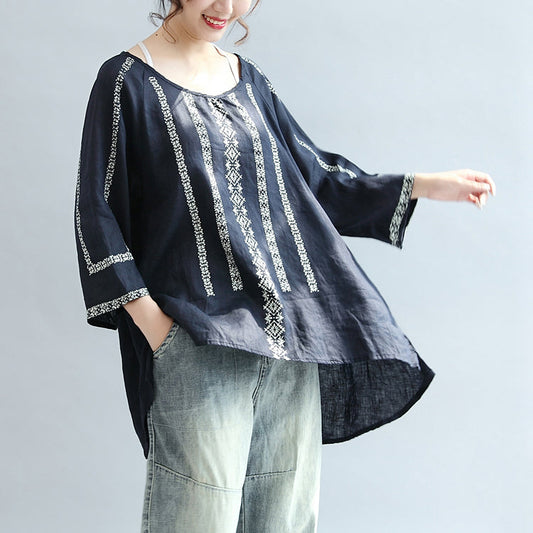 marineblaue gestreifte Leinenbluse in Übergröße mit Armbandärmeln