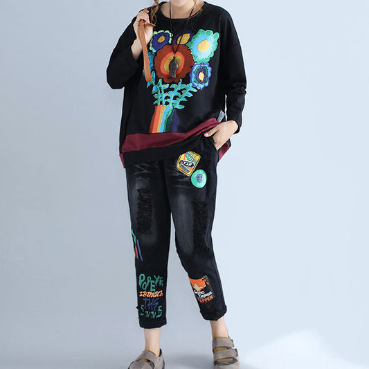 Neue herbst schwarz drucke baumwolle tops plus größe casual patchwork o neck batwing pullover