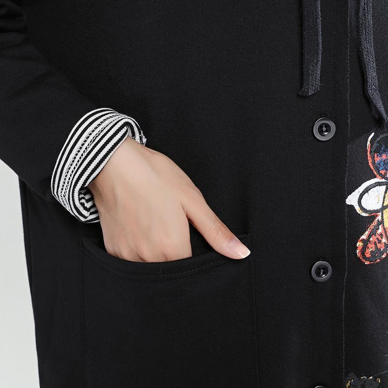 Neue herbst schwarz fit baumwolle mäntel lose beiläufige kapuzen strickjacke