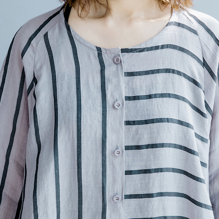 neue grau gestreifte Leinenkleider asymmetrisches Patchwork-O-Ausschnitt-Kleid