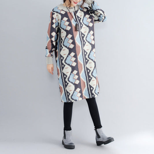 neue Wollpulloverkleider mit Khaki-Prints, übergroßes, seitlich offenes Strickkleid