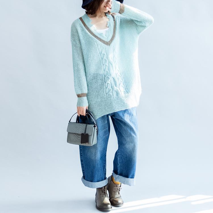neuer hellblauer warmer Wollpullover übergroßer lässiger Stricktop mit V-Ausschnitt