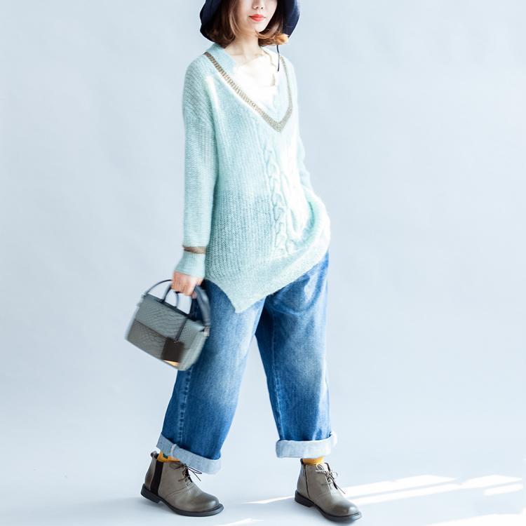 neuer hellblauer warmer Wollpullover übergroßer lässiger Stricktop mit V-Ausschnitt
