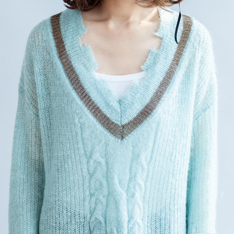 neuer hellblauer warmer Wollpullover übergroßer lässiger Stricktop mit V-Ausschnitt