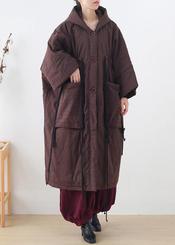 new ribbon big pocket hooded cotton coat long thick padded overcoat - SooLinen