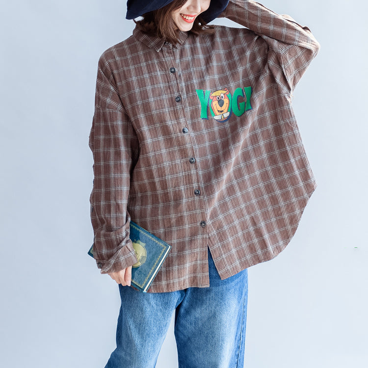 new unique khaki grid cotton tops plus size long sleeve prints shirts