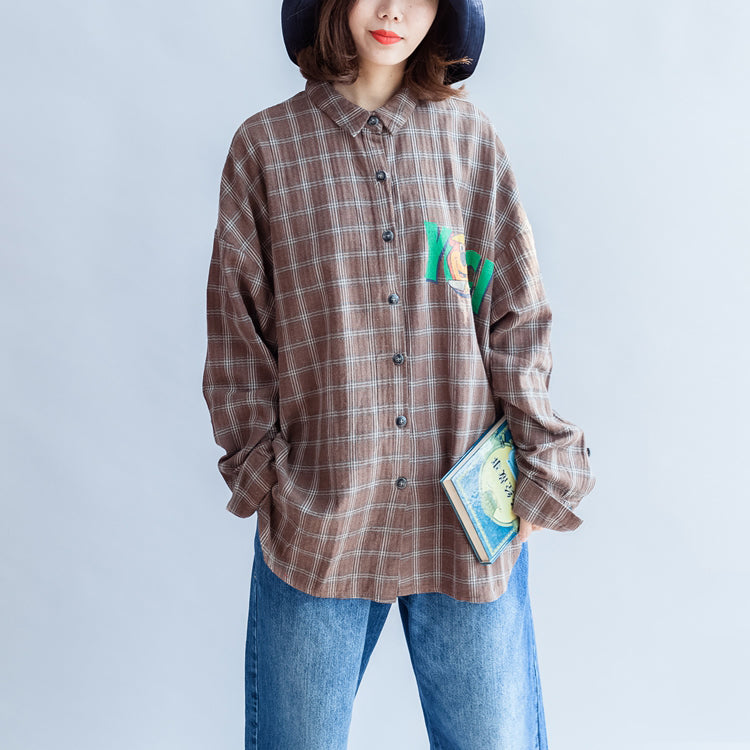 new unique khaki grid cotton tops plus size long sleeve prints shirts