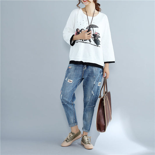 neue weiße Cartoon-Prints Baumwolloberteile plus Größe O-Ausschnitt T-Shirt