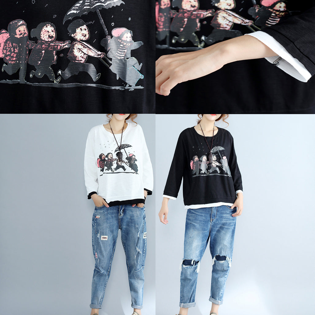 neue weiße Cartoon-Prints Baumwolloberteile plus Größe O-Ausschnitt T-Shirt