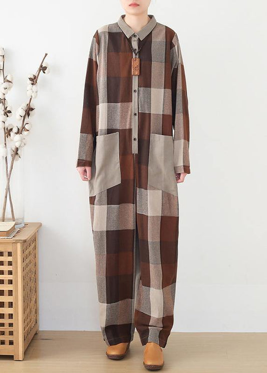 nude patchwork new plaid loose retro ming Harem cotton pants jumpsuit - SooLinen