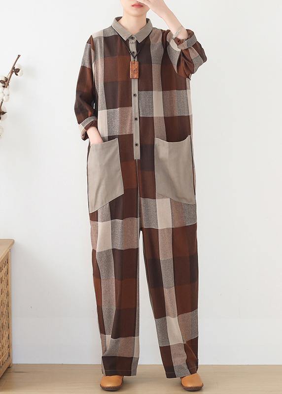 nude patchwork new plaid loose retro ming Harem cotton pants jumpsuit - SooLinen