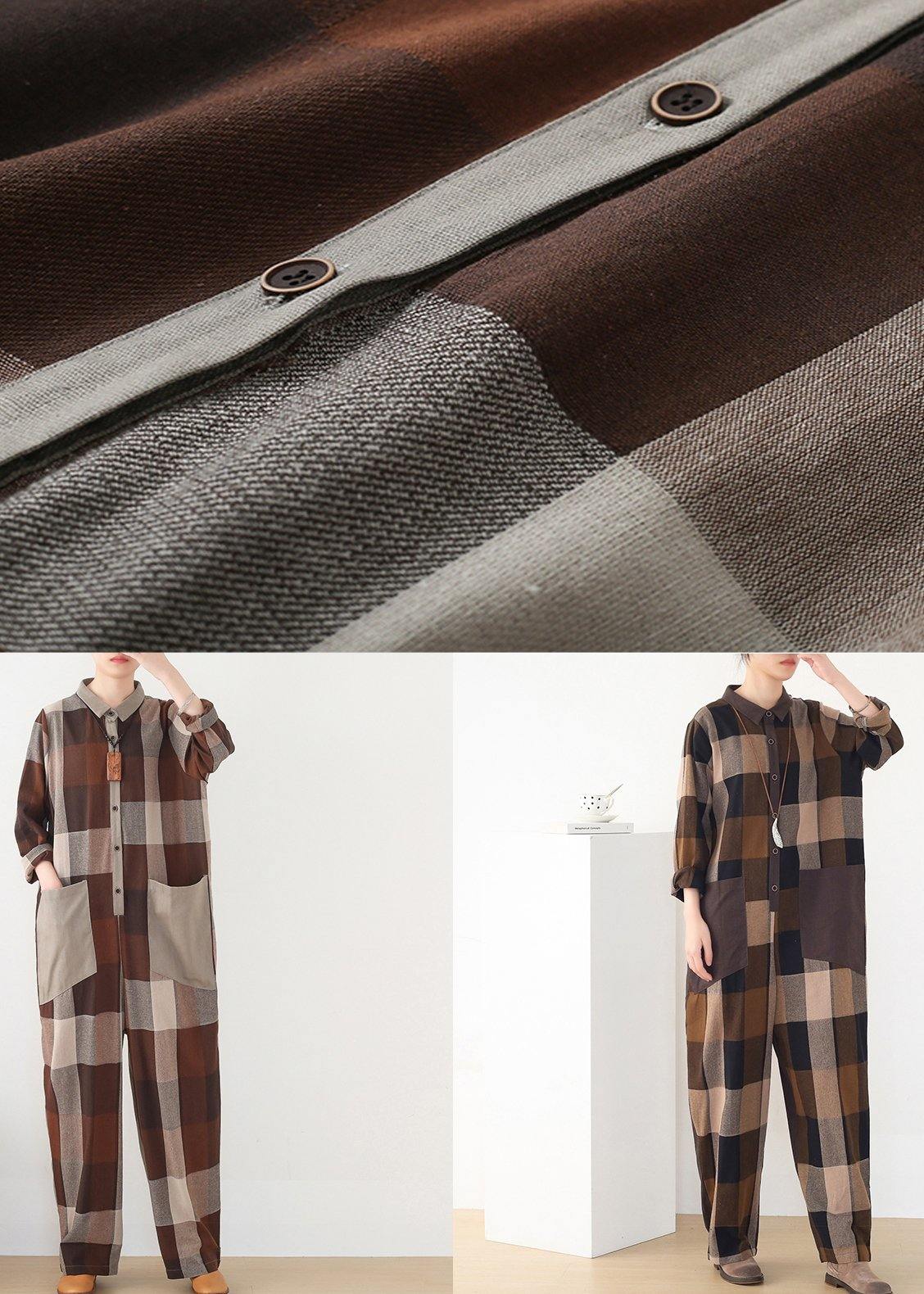 nude patchwork new plaid loose retro ming Harem cotton pants jumpsuit - SooLinen