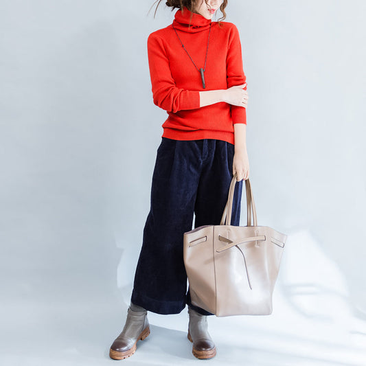 orangefarbener, einfarbiger Pullover mit hohem Kragen, lässig, locker gestrickt, warm, 2024