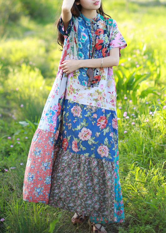 Original Design Stehkragen Print Patchwork Kleid Kurzarm