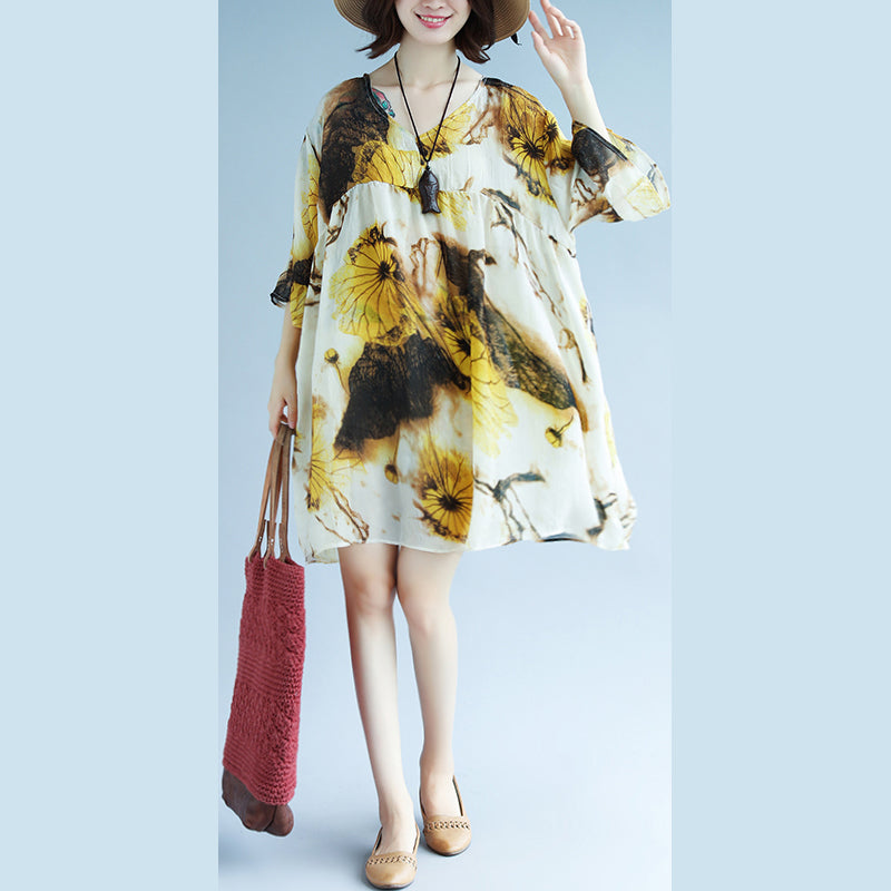 Original entworfenes Sommerkleid mit Chiffon-Print, V-Ausschnitt, Halbarmkleid, Patchwork-Baggy-Kleider