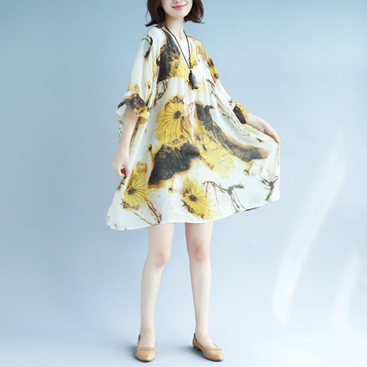 Original entworfenes Sommerkleid mit Chiffon-Print, V-Ausschnitt, Halbarmkleid, Patchwork-Baggy-Kleider