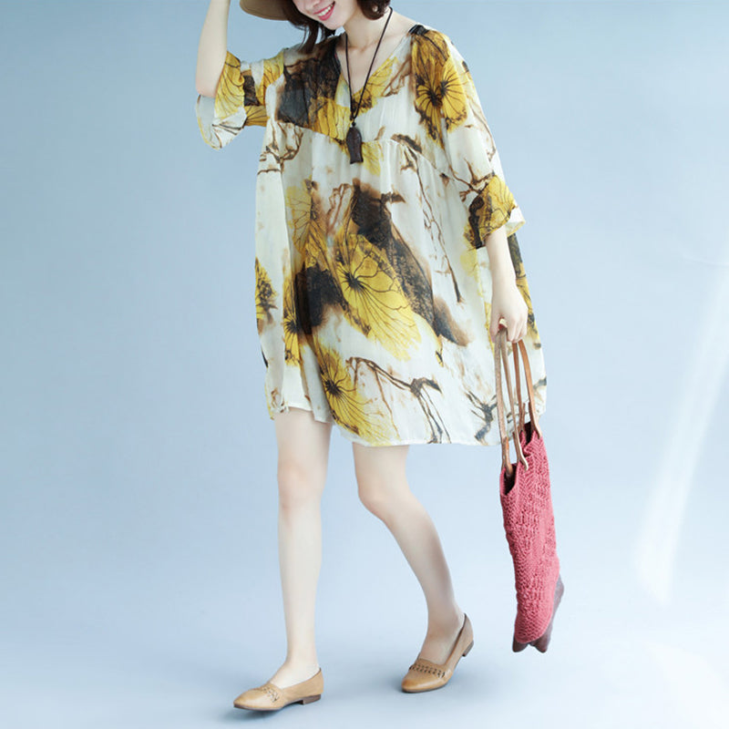 Original entworfenes Sommerkleid mit Chiffon-Print, V-Ausschnitt, Halbarmkleid, Patchwork-Baggy-Kleider