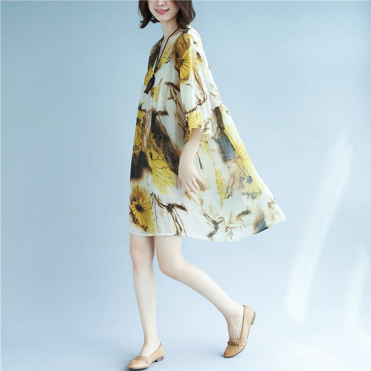 Original entworfenes Sommerkleid mit Chiffon-Print, V-Ausschnitt, Halbarmkleid, Patchwork-Baggy-Kleider