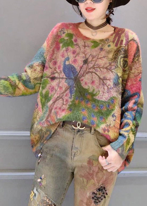 Oversize-Cordpullover mit Vintage-Prints, dicke, warme Langarm-Strickoberteile