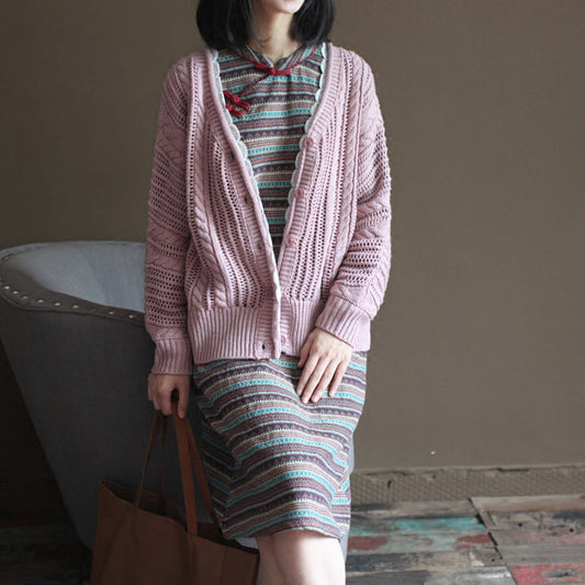 rosa Vintage-Baumwollpullover-Oberteile lockere lässige Spitzen-Strickjacken