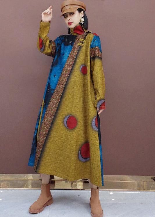 Plus größe Khaki dot Print Wolle lange Kleider Frühling